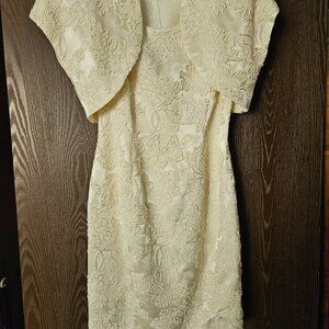 Carmen Marc Valvo Ivory 2pc Brocade Embroidery Bolero Jacket Formal Dress